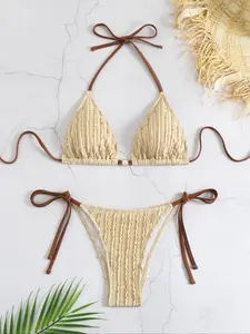 Two-Piece Set Women's Textured Triangle Bra & Knotted Swim Bottom Bikinis Set, Casual Halter Neck Backless Swim Top & Tie Side Swim Bottom Two-piece Swimsuit For Summer, Fashion Women's Swimwear For Beach Holiday Vacation