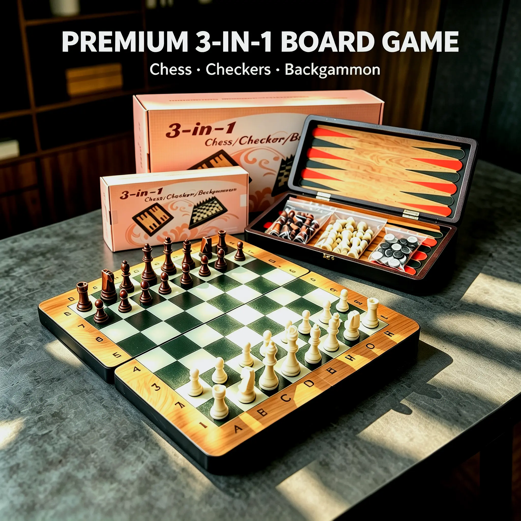 3-in-1 Foldable Wooden Game Set, Non-Magnetic Chess Checkers Backgammon Portable Travel Board Game