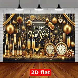 Glamorous Golden Happy New Year Backdrop, 2D Flat Printed Party Banner with Champagne, Clocks and Ornaments for New Year's Eve Decor new year photography