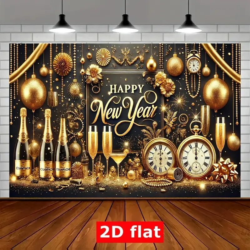 Glamorous Lightweight Golden Happy New Year Backdrop - 2D Flat Printed Party Banner with Champagne Accents, Clocks, Ornaments, Festive Elements for Celebrations, New Year's Eve Decoration, Photography