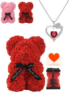 Rose Lover Heart gemstone necklace, Heart Shaped Necklace, paired with red preserved flower rose Bear gift box, a date gift for men and women, suitable for parties, Mother's Day, best friend gift, Valentine's Day gift, anniversary gift or birthday gift