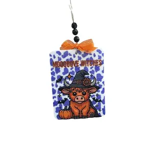 Mooove Witches Halloween Cow Hanging Car Air Freshener with Orange Ribbon & Purple Cow Print Apple Pumpkin Scented 3x4 Compact Size