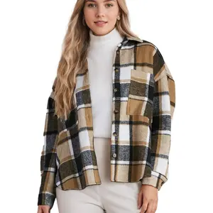 Women's Casual Plaid Shacket Long Sleeve Button Down Flannel Shirts Jacket Coats with Side Pockets