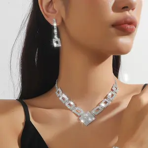2025 New Rhinestone Jewelry Set with Adjustable Chain - Hypoallergenic Bridal Necklace & Earrings for Weddings Parties