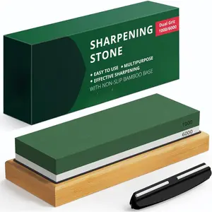 Wood Universal Knife Sharpening Set for Kitchen & Chef Knives, Double-Sided Whetstone, Wooden Angle Guide & Bamboo Base