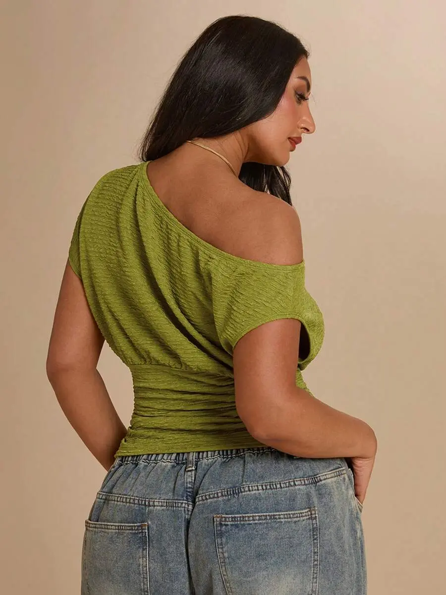 Plus Size Women's Olive Green Summer Casual Night Out Asymmetrical Shoulder Ruched Waist Textured T-Shirt,Beach Vacation Music Festival Daily Wear Top