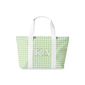 Kappa Delta Tote Bag - Officially Licensed Mint Green Gingham with Sage Green KD Letters - Sturdy White Straps & Grey Interior - Perfect for Class & Chapter Meetings