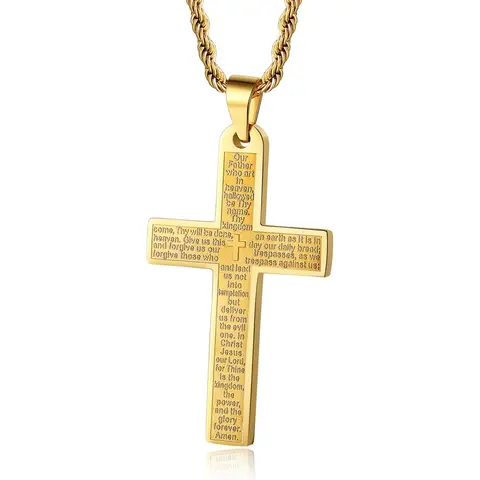 Stainless Steel Cross Necklaces for Men - Unisex Christian Style Retro 3mm Twisted Rope Chain (18"/24"), Jesus Design Pendant with Lord's Prayer, Bible Verse, Silver/Gold/Black, Faith Jewelry, Father's Day Gifts