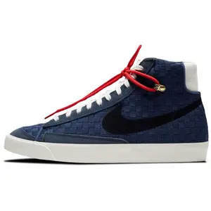 Nike Blazer 77 "Sashiko" Mid-Top Sneakers with Embroidery, Fabric and Synthetic Leather, Slip-Resistant, Cushioned, Durable, Supportive, Unisex, Midnight Blue