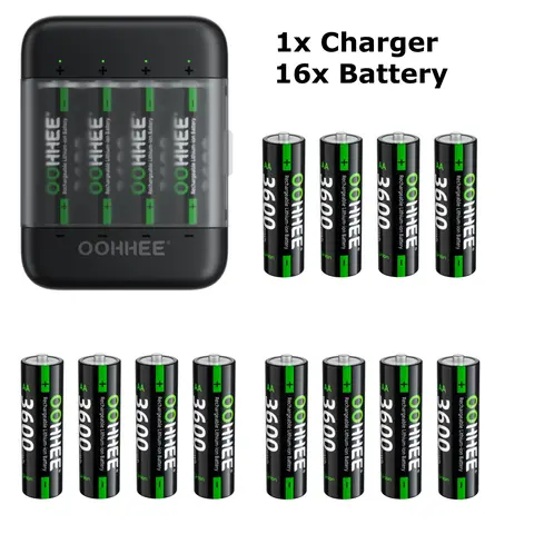 OOHHEE Battery Kit - 4/8/12/16-Pack High Capacity 1.5V 3600mWh AA Lithium Rechargeable Batteries, 4-Slot Fast-Charging Portable Universal Li-Ion Charger with Storage Box & LED Display (Options: 1xCharger+8xBatteries, 4xBatteries) for Gamepads, Cameras