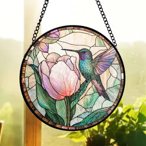 Hummingbird & Tulip Stained Glass Suncatcher – Floral Bird Window Hanging, Nature-Inspired Garden Decor, Spring Gift for Bird Lovers
