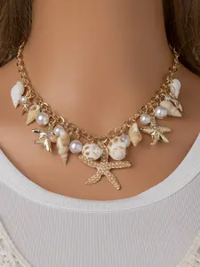 Bohemian Style Alloy Starfish Pendant Necklace, Shell Conch Tassel Design, Perfect for Vacation Holiday Gift, Women Jewelry