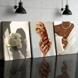 3 Counts Wooden Framed Canvas Painting, Elegant Fashion Woman With Gold Jewelry Images, Exquisite Poster, Perfect Living Room Decoration, Modern Art, Modern Home Decor, Fashion Family Poster, Artistic Wall Art Decoration, Waterproof Art
