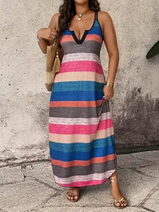 Plus Size Women's Rainbow Striped V-Neck Thin Strap Long Dress, Slimming and Bodycon Vacation Style Dress, Elegant and Comfortable