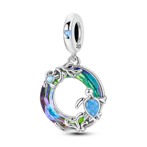 MULA Silver-Plated Sea Turtle Charm Necklace - Customizable, Colored Glass, CZ Crystals, Ocean-Style Costume Jewelry Pendant, Ideal Gift for Women