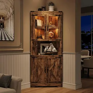 Farmhouse Corner Cabinet with LED Lights - 67" Tall Glass Door Storage with Adjustable Shelves, for Kitchen/Living Room/Bathroom (Brown)