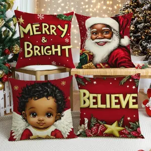 Christmas Themed Cushion Cover, 4 Counts/set Santa Claus Pattern Throw Pillow Cover, Household Decoration Supplies for Home Living Room Bedroom Sofa Couch