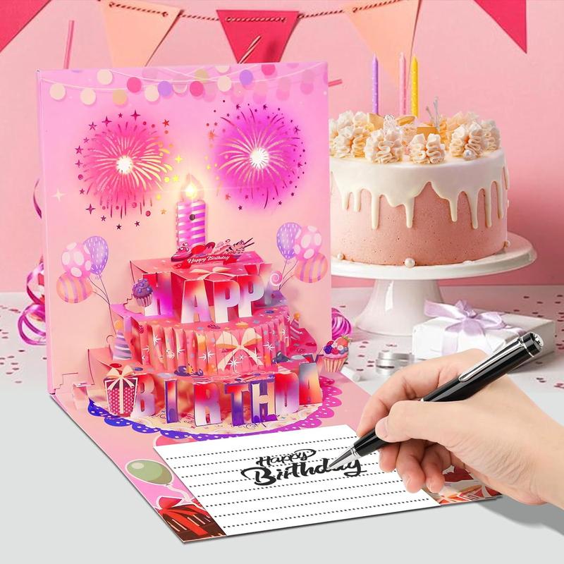 Cake Fireworks LED Candle Lights, 3D Birthday Card with Music and Colorful Lights, Musical Happy Pop-Up Birthday Card, Musical Birthday Gift Card for Kids, Wife, Husband, Grandpa, Grandma, Daughter, Son - Pink, Birthday Gift