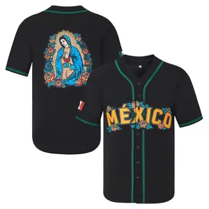 Mexico Guadalupe Embroidered Baseball Jersey,Men's Gift,Button Short Sleeve Sports Jersey,Loose Breathable Soft Comfort V-Neck Top Game Day