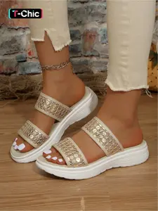 A pair of new large-size women's open-toe sequined breathable thick-soled slip-on sandals for outdoor wear, fashionable, simple, comfortable, lightweight, versatile, and suitable for everyday wear, Open Toe Slides