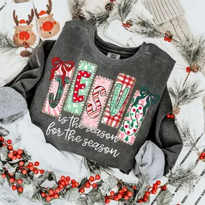 Jesus Is The Reason For The Season Sweatshirt, Coquette Christian Preppy Bow Retro Christmas Tree Crewneck