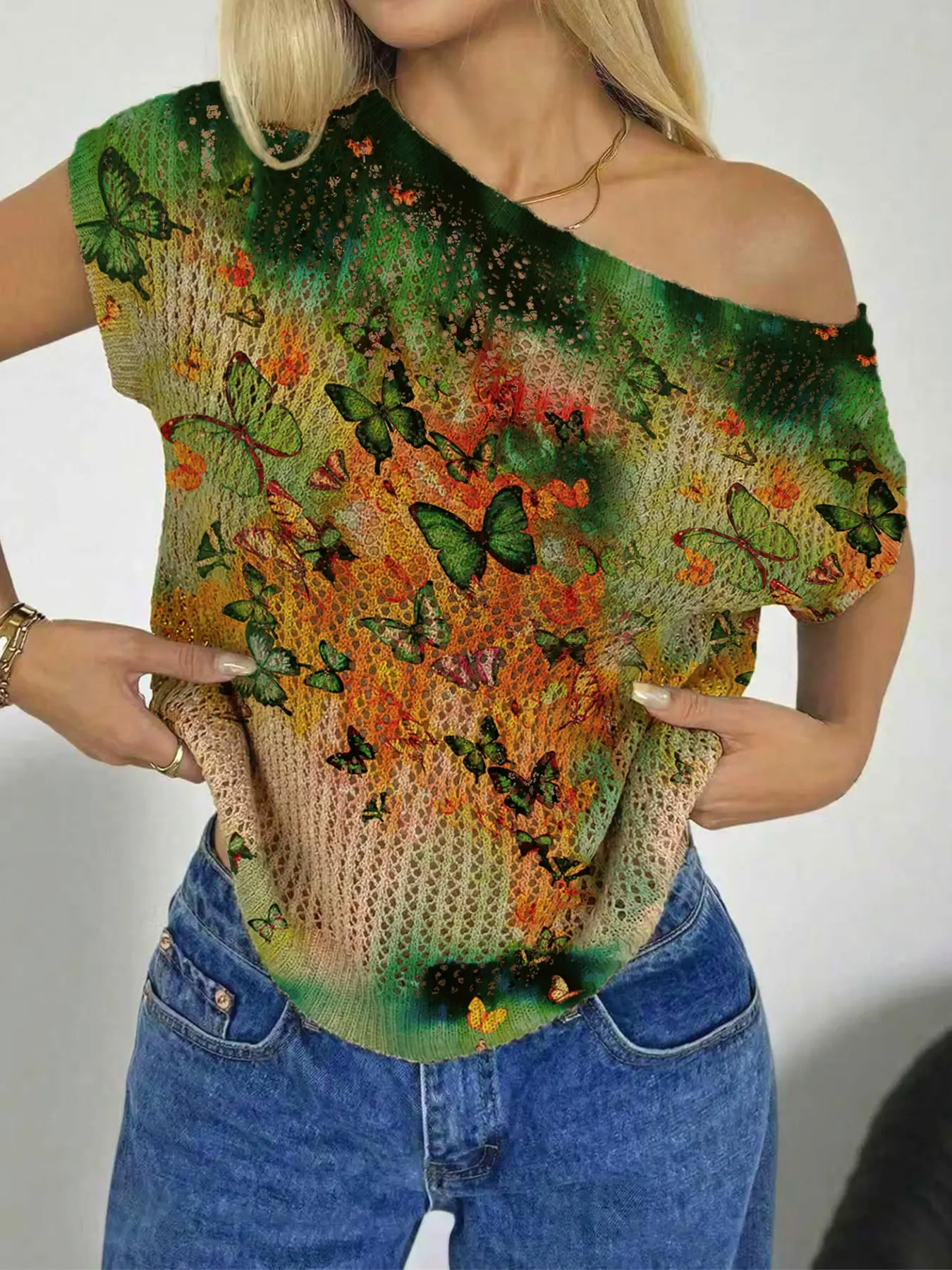 Spring Summer Women's Beach Vacation Style Asymmetric Neck Off-Shoulder Batwing Sleeve Semi-Sheer Lace Butterfly Print Knit Top
