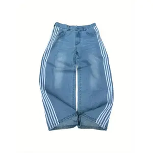 Men's High-Waisted Distressed Blue Jeans with Stripe Accents - Y2K Fashion, Straight Fit, Cotton Blend, Machine Washable - Casual Streetwear in Sizes M to XXL