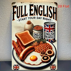 English Breakfast Tin Sign 12x8 Inch Vintage Kitchen Wall Art Ideal for Dining Rooms Breakfast Bars and British Themed Restaurants Great Gift for Food Lovers Culture Enthusiasts and Culinary Professionals