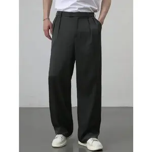 Men Black Pleated Slant Pocket Straight Leg Loose Fit Casual Commuter Suit Pants Fabric Menswear Trouser Plain Beige Tropical Can be used with raincoat