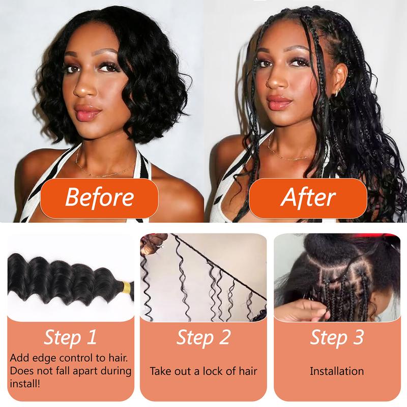 Bohemian Braiding Human Hair, Deep Water Wave Bulk Braiding Hair, 12A Grade Wet & Wavy Curly Human Hair Extensions, 3 Bundles 110g, Natural Color, Weft-Free Design, Unisex Hair Pieces