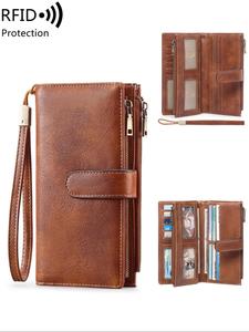 women's solid color long wallet, fashionable pu leather zipper wallet with wrist strap, multi-functional card holder for daily use, purses for women