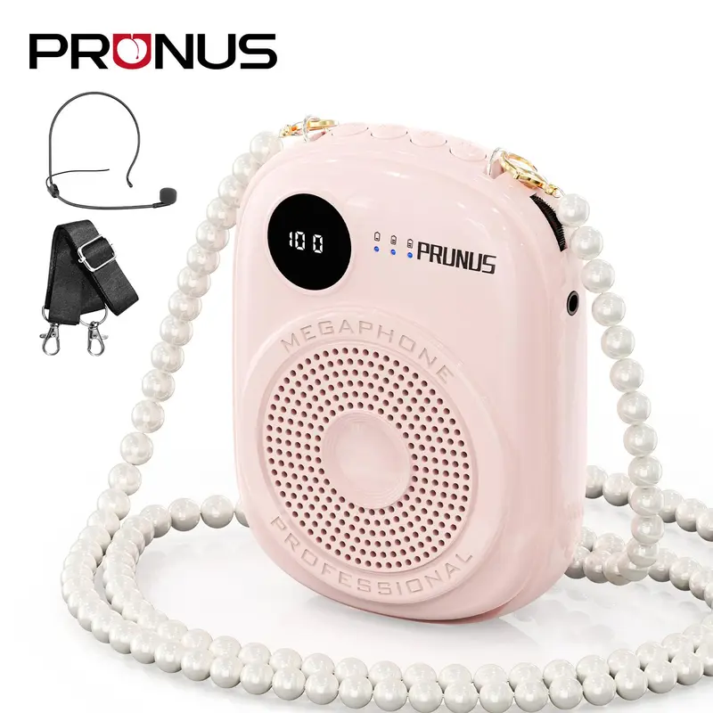 PRUNUS A18 Portable Wired Voice Amplifier for Teachers with Headset Microphone, PA Loud Speaker, 10W Output, 1800mAh Rechargeable Battery, LCD Screen, Pearl Chain Design, Bluetooth 5.0, TF Slot, Lightweight Audio System (Classroom, Speech Use)