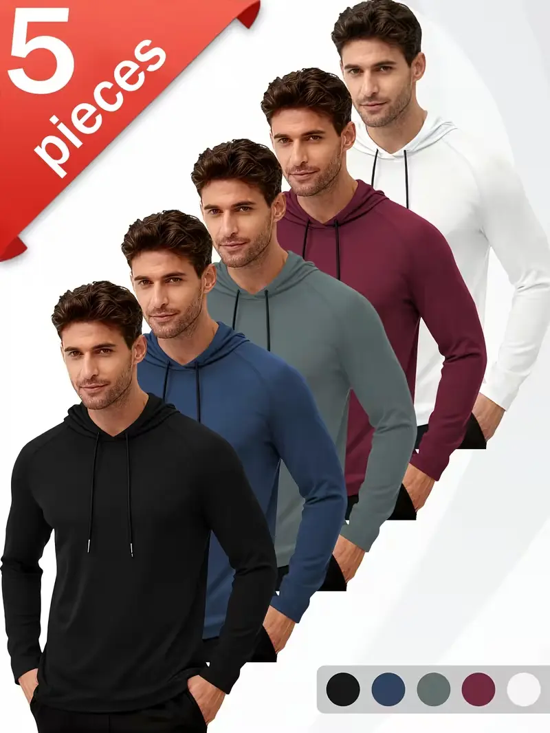 5 Pack Men's Hooded Workout Shirts Lightweight Long Sleeve Athletic Hoodies Quick Dry Gym Running Activewear Tops Bulk Bundle