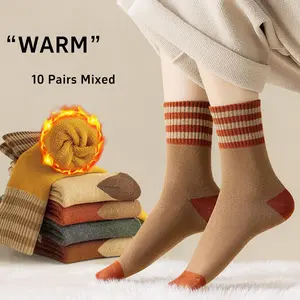 10 Pairs Women's Colorblock Striped Thermal Lined Socks, Casual Soft Comfy Breathable Socks for Fall & Winter, Women's Socks for Daily Wear
