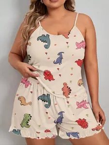 Women's Plus Size Cartoon Dinosaur Print Strap Shorts Pajama Set, Loungewear, Casual Home Wear, Comfortable Sleepwear for Summer Nights