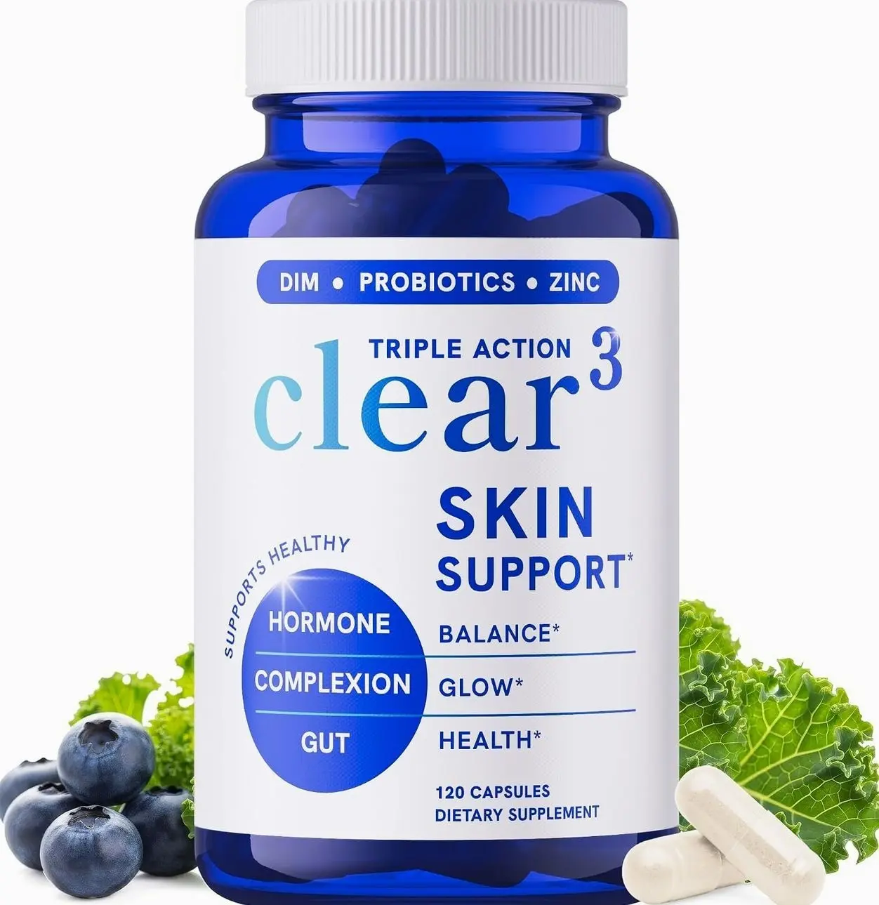 Clear Skin Supplement with Zinc, DIM & Probiotics | 3-in-1 Hormone, Gut & Complexion Support | Triple Action Hyaluronic Acid, Niaciminide & Vitamins for Skin Balance, Glow & Health Support | 120 Ct