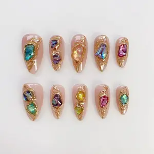 3D Gold Chrome Nails/Colorful Fritillary Gold Press on nails short almond nails/3D Shell Nails