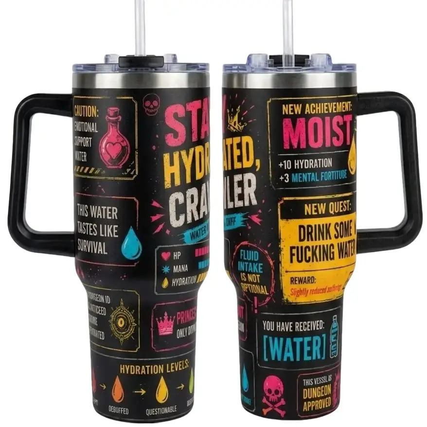 Dungeon Crawler Carl Hydration Tumbler | 40oz Thermal Travel Mug Gaming Tumbler 40oz with Handle - Gamer Hydration Quest Water Bottle - Dungeon Crawler Matte Black Stainless Steel Travel Mug