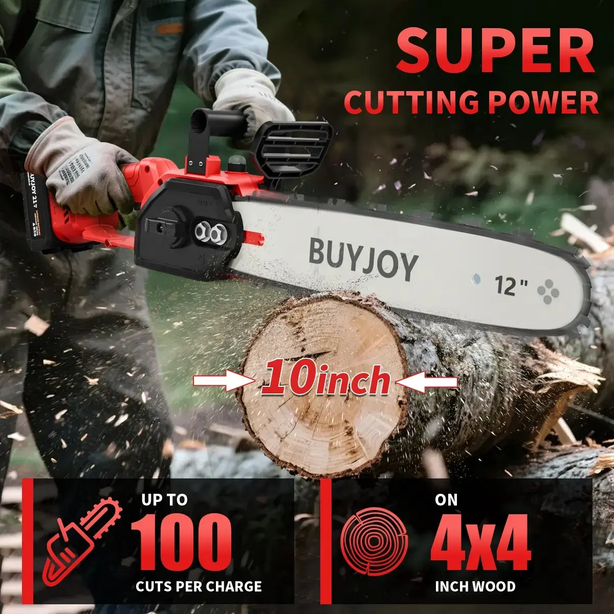 BUYJOY12-Inch Cordless Chainsaw, 1200W Brushless Motor Battery-Powered Saw with Tool-Free Chain Tension Adjustment, Multi-Layer Safety Protection, Tempered Sharp Chain for Yard Logging, compatible condewalt petrol