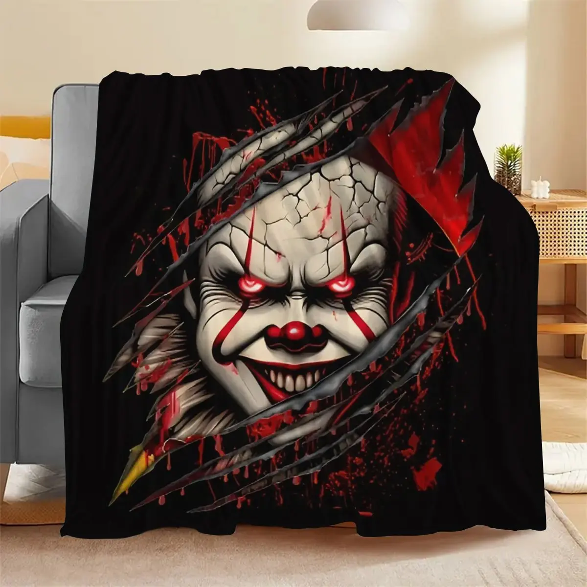 Pennywise Clown Horror Movie Flannel Throw Blanket - 280GSM Soft Plush, Pennywise Face & Red Black Splatter Design, All-Season, Machine Washable, Cozy Blankets for Bedroom, Home & Camping Use, IT Movie Fan Gift for Horror Enthusiasts, Throw Blankets,summe
