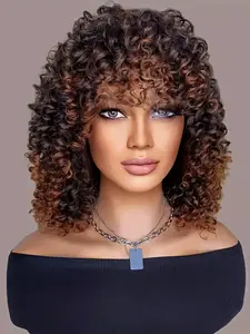 Glueless Synthetic Deep Wave Bob Wig, Natural 14 Inch Voluminous Curly Bob Cut with Bangs, Elastic Net Cap, Women's & Unisex Hairstyle, Curly Wigs
