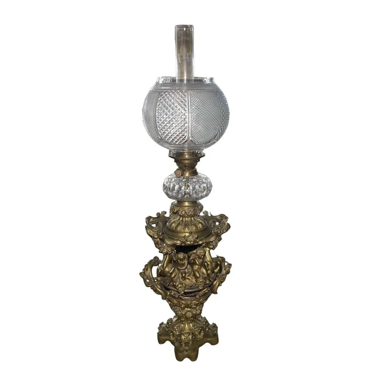 Large Italian Bronze Oil Lamp Electrified Cut Glass Cherub Base