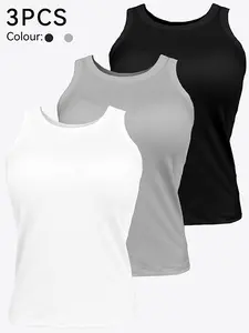 Women's 3-Piece Ribbed Tank Top with Chest Pad Built-In Vest Summer Solid Color Base Shirt in Black, White, and Gray