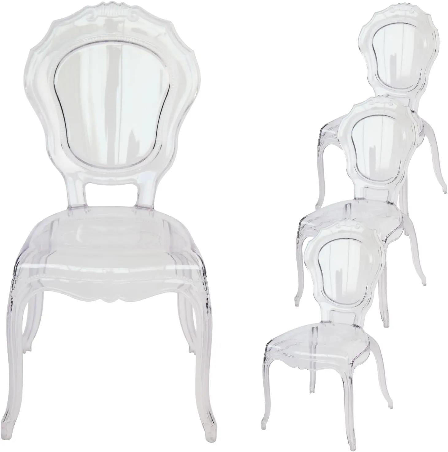 Set of 4 Belle Style Clear Ghost Chairs, Modern Transparent Accent Side Chairs, Stackable Chairs for Events, Weddings, Banquets