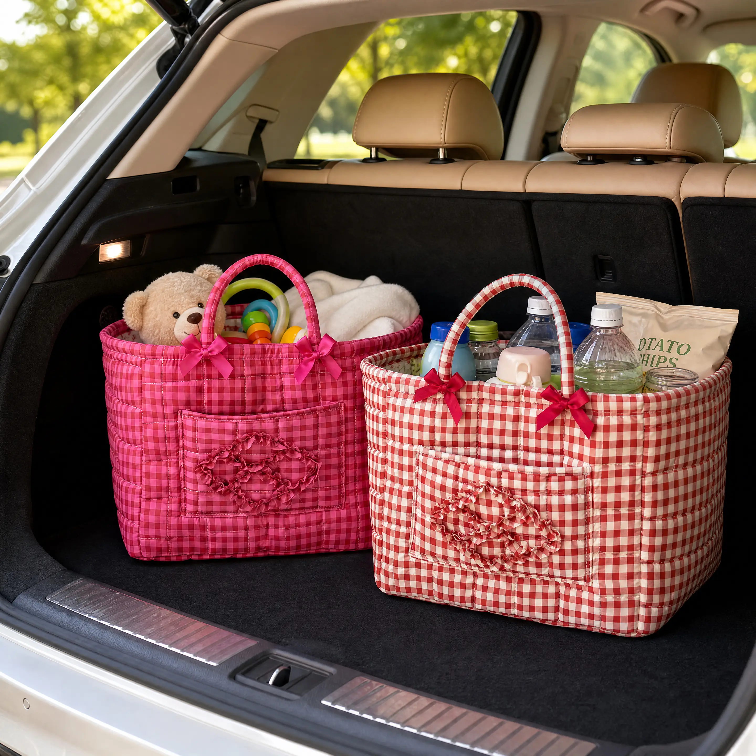 Women Vintage Ditsy Floral Print Quilted Handheld Storage Basket, Elegant Lightweight Multipurpose Organizer with Front Zipper Pocket, Portable Car Storage Bin for Work Road Trip Daily Commute