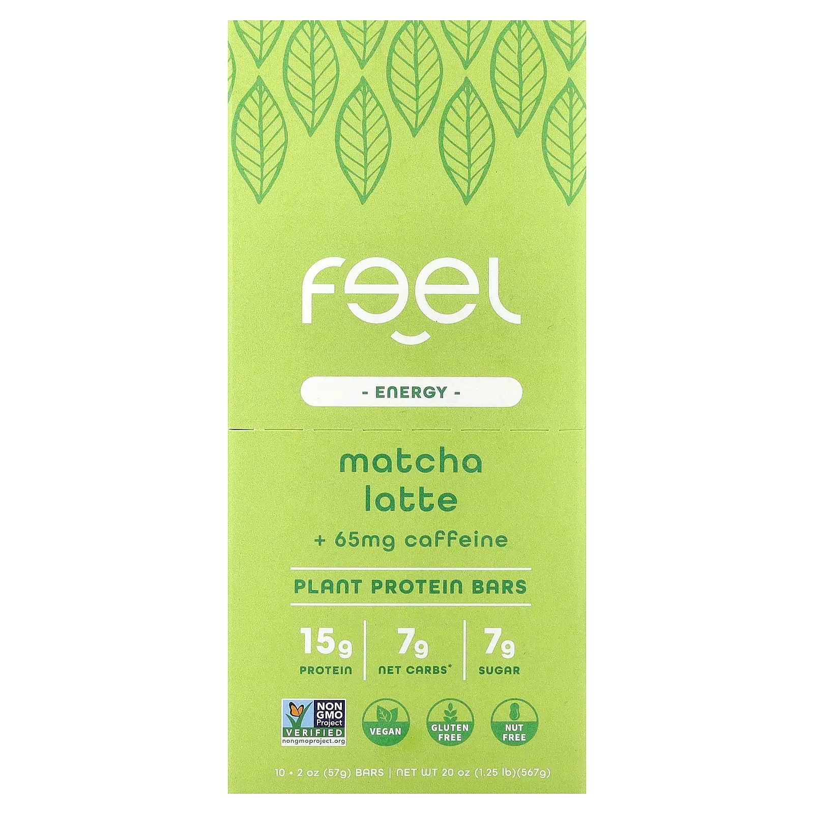 The Feel Bar Energy, Plant Protein Bars, Matcha Latte + Caffeine, 10 Bars, 2 oz (57 g) Each