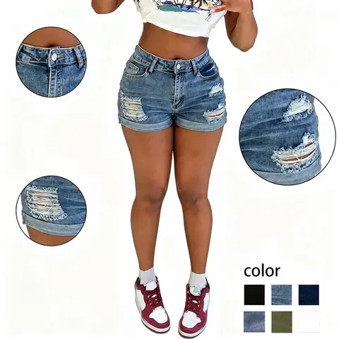 High - Waisted Light Blue Distressed Denim Shorts for Women - Summer Essential with Trendy Rips