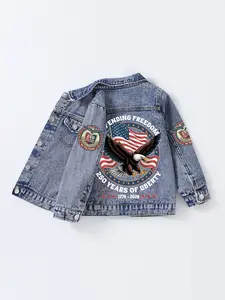 Boys' Washed Blue Denim Jacket, Back Printed Eagle Pattern, Sleeve Medal Design, Casual Fitted Style, Suitable for All Seasons