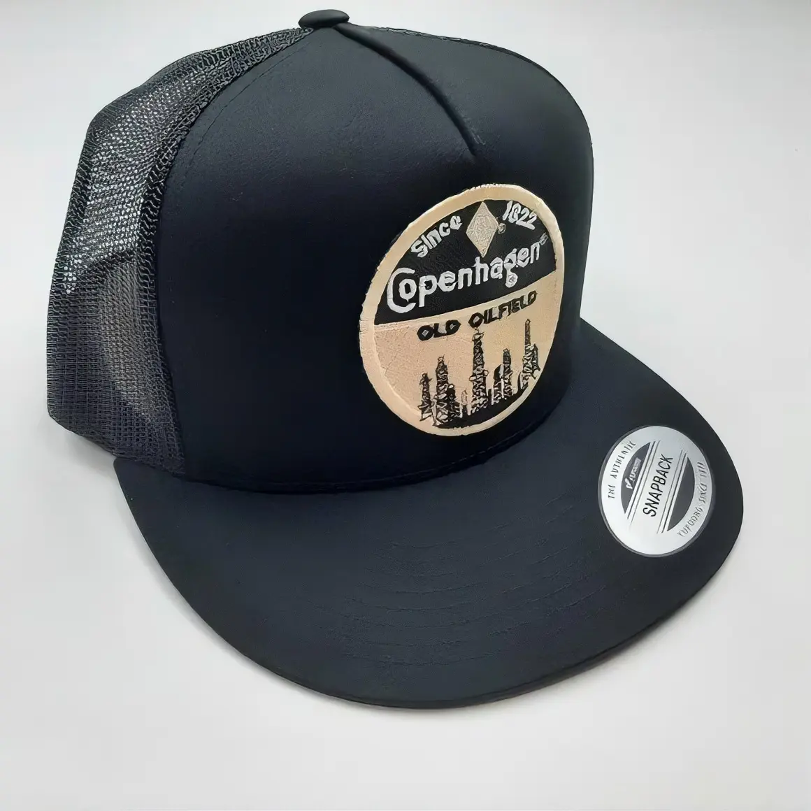 Copenhagen Old Oilfield Snapback Hat - Black Mesh Back, Round Brim, Adjustable Closure, Casual Style