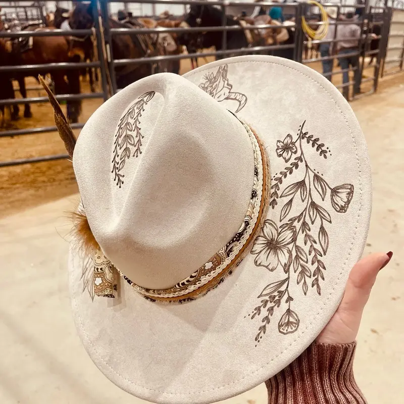 Women\'s Hand Burned Cream Wide-Brim Felt Hat with Decorative Band Mexican Handcrafted Cowboy Hat- BurnBaby Burn Gray - CoLores  main image 2